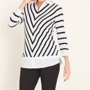 Chico's Women's Long Sleeve Shirt Tail Hem Pullover Knit Top Striped White Black